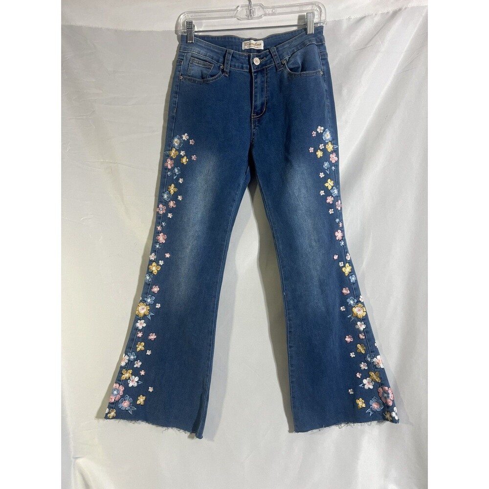 Bamboo Women's Denim 9 Floral Embroidery Bell Bottom Jeans Boho Festival